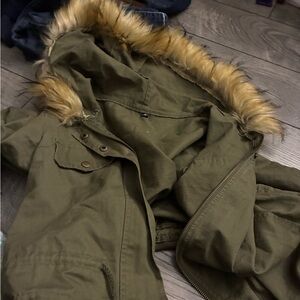 Olive Green Parka with Faux Fur Hood
